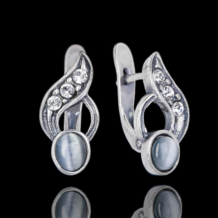 Серьги "Костер", цвет бело-серый в чернёном серебре