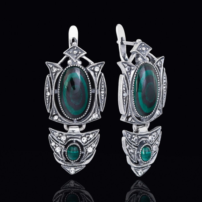 Серьги "Белая ночь", цвет бело-зелёный в чернёном серебре