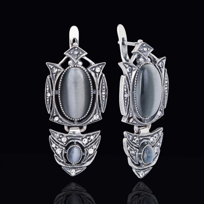 Серьги "Белая ночь", цвет бело-серый в чернёном серебре