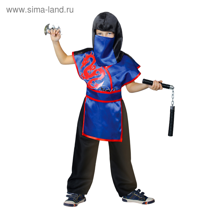 Карнавальный костюм «Ниндзя. Красный дракон на синем», шлем, защита, пояс, штаны, оружие, р. 34, рост 134 см