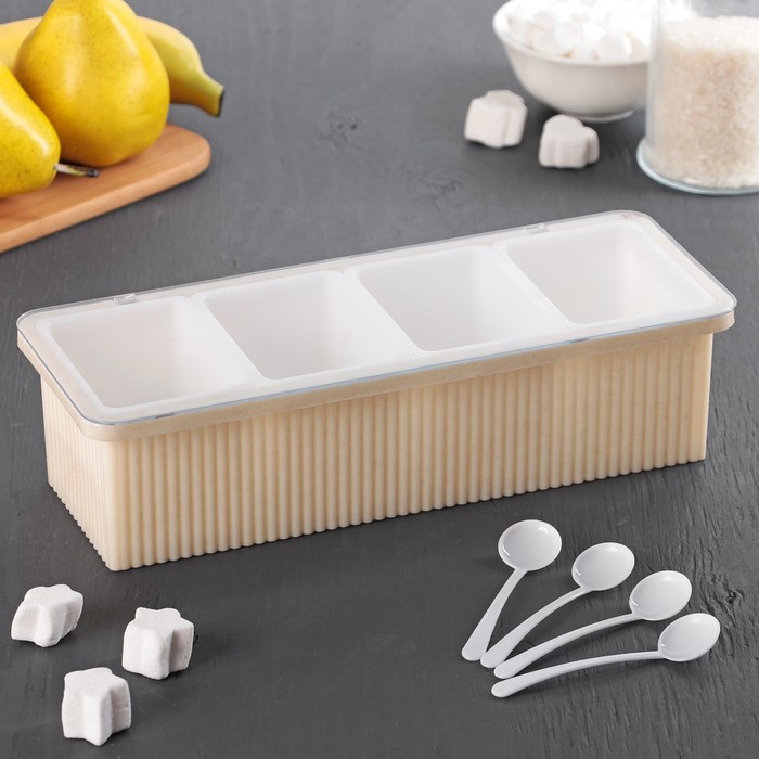 Емкость для сыпучих продуктов 4 отделения с ложками 28,5х11х7 см "Крапинка", цвета МИКС