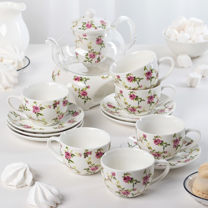 Набор чайный 13 предметов "Винтаж" чайник 400 мл, подставка, 6 чашки 250 мл, 6 блюдца d-12,5см