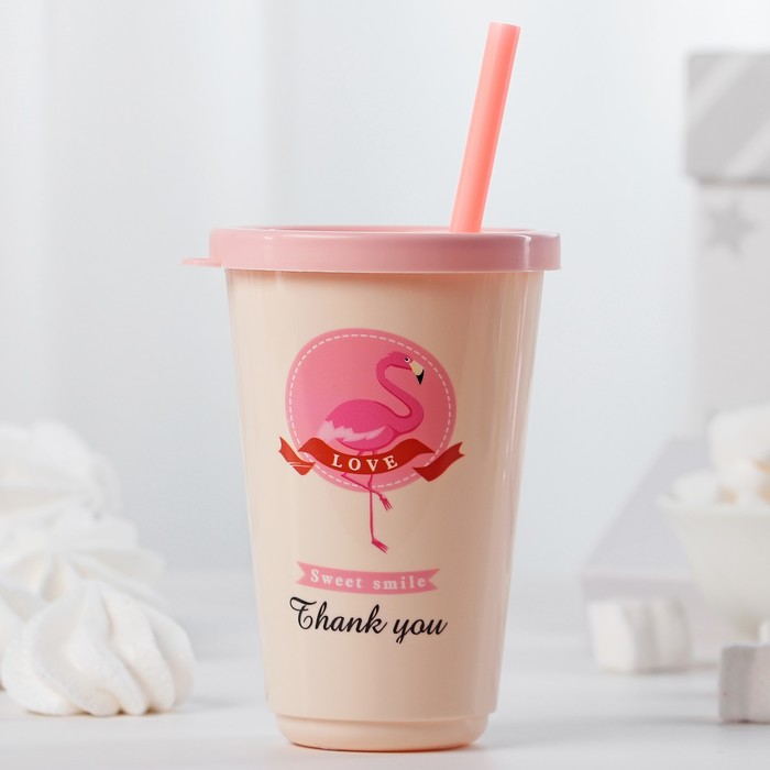 Стакан с трубочкой и крышкой "Фламинго" 8,5х8х12, Цвета МИКС