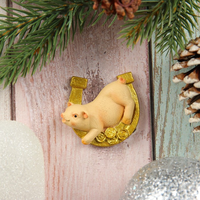 Магнит "Свинка на подкове лежит" 5х5см