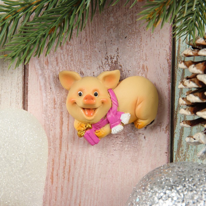 Магнит "Свинка с подарком" 6х6см