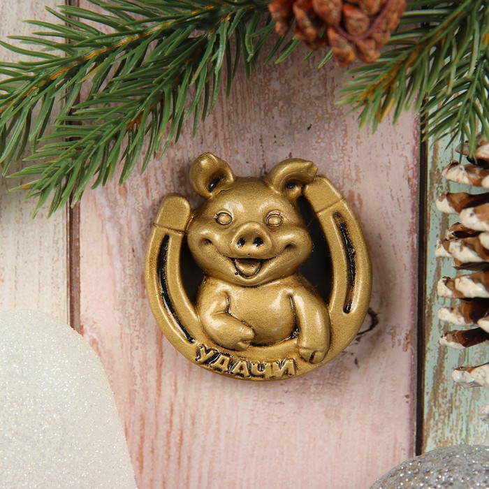 Магнит "Свинка с подковой на удачу" 6х5см