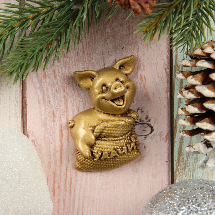 Магнит "Свинка Удачи" золотой 4х6см