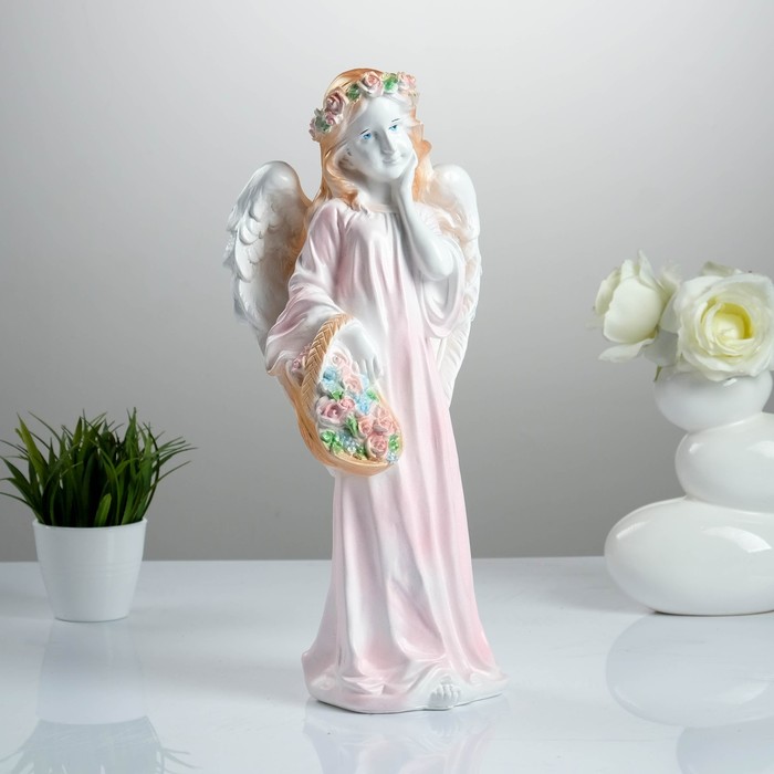 Фигура "Ангел девушка с корзиной" 19х16х43,5см, белое золото