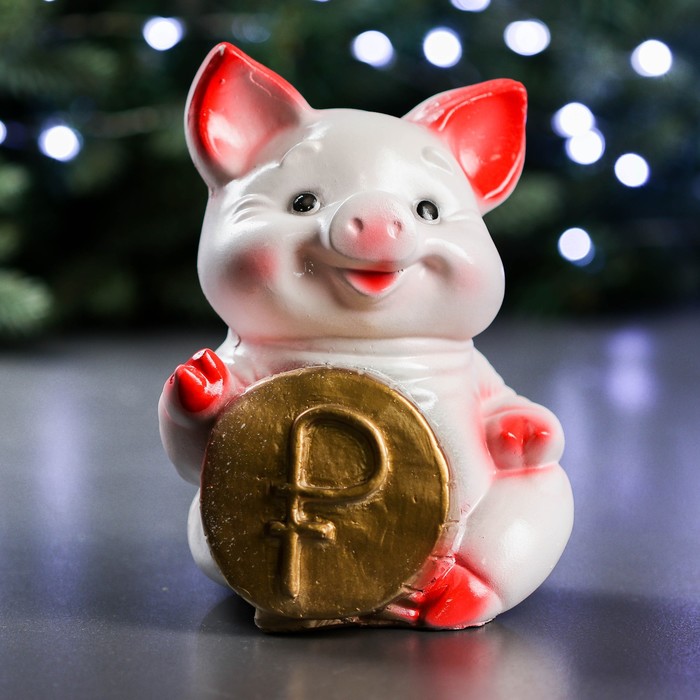 Копилка "Поросенок с монетой "РУБЛЬ" бело-розовый 18см