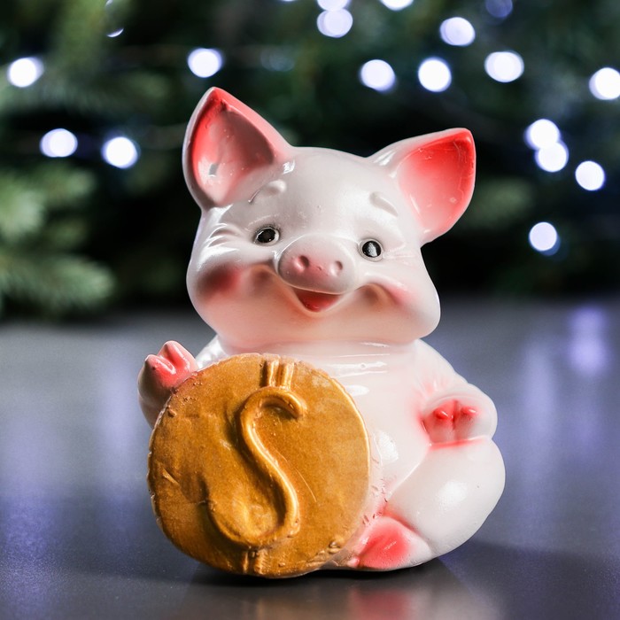 Копилка "Поросенок с монетой "ДОЛЛАР" бело-розовый 18см