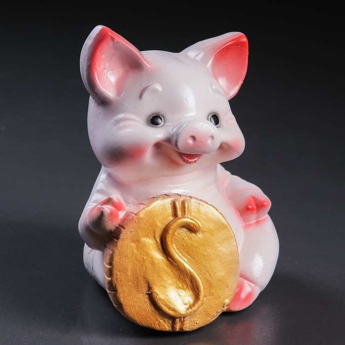 Копилка "Поросенок с монетой "ДОЛЛАР" бело-розовый 18см