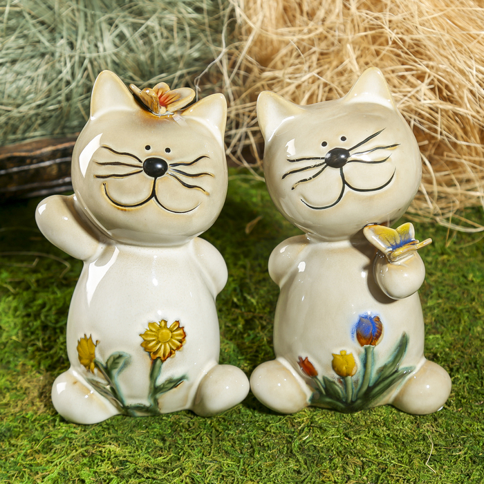 Сувенир керамика "Котик в цветах и с бабочкой" МИКС 18,5х10,5х8,5 см