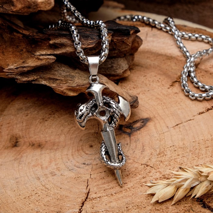 Кулон мужской "Крест" со змеёй, цвет чернёное серебро, 60 см