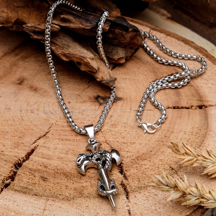 Кулон мужской "Крест" со змеёй, цвет чернёное серебро, 60 см