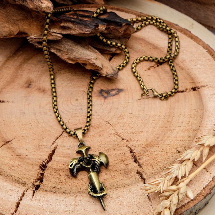 Кулон мужской "Крест" со змеёй, цвет чернёное золото, 60 см