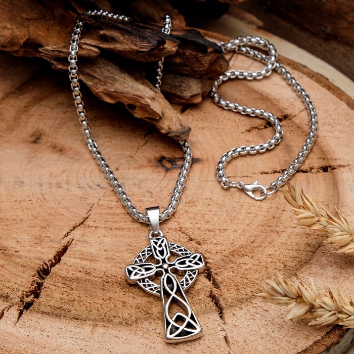 Кулон мужской "Крест" с узором, цвет чернёное серебро, 60 см