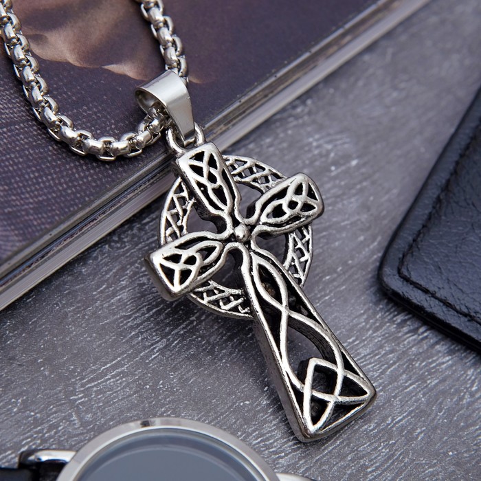 Кулон мужской "Крест" с узором, цвет чернёное серебро, 60 см