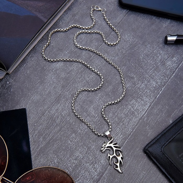 Кулон мужской "Дракон" абстракция, цвет чернёное серебро, 60 см