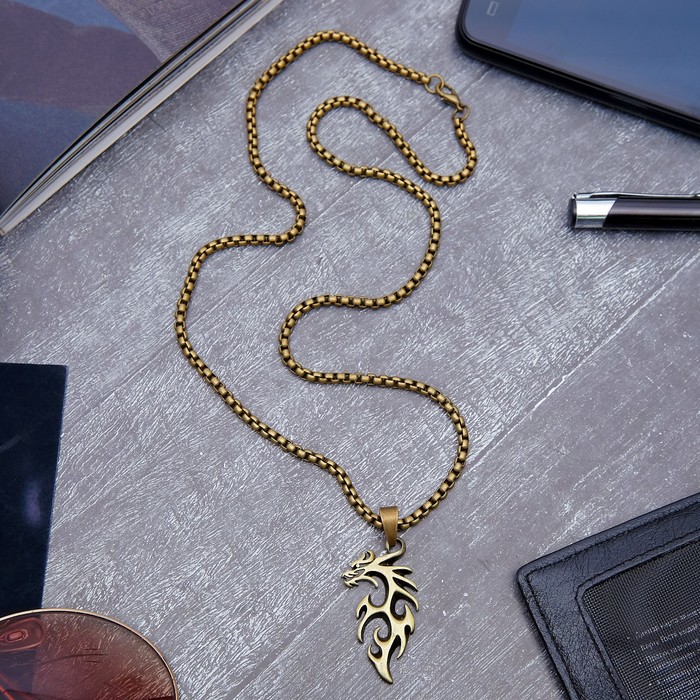 Кулон мужской "Дракон" абстракция, цвет чернёное золото, 60 см