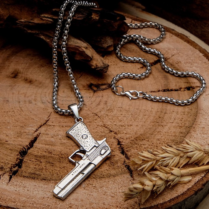 Кулон мужской "Пистолет", цвет чернёное серебро, 60 см