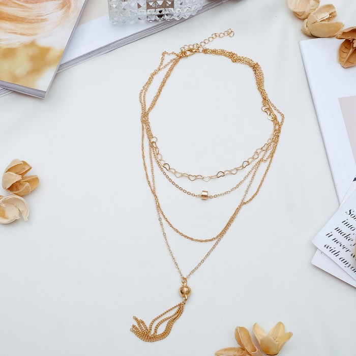 Кулон "Грация нитей" кисть и сердечки, 4 ряда, цвет золото, 43 см