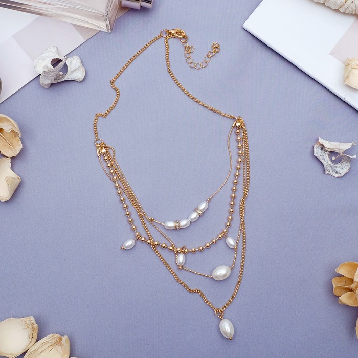 Бусы "Жемчужные нити" овалы, 4 ряда, цвет белый в золоте, 43 см