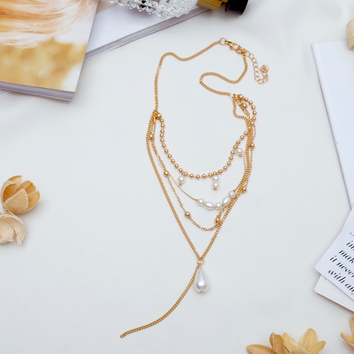 Бусы "Жемчужные нити" капля, 4 ряда, цвет белый в золоте, 43 см