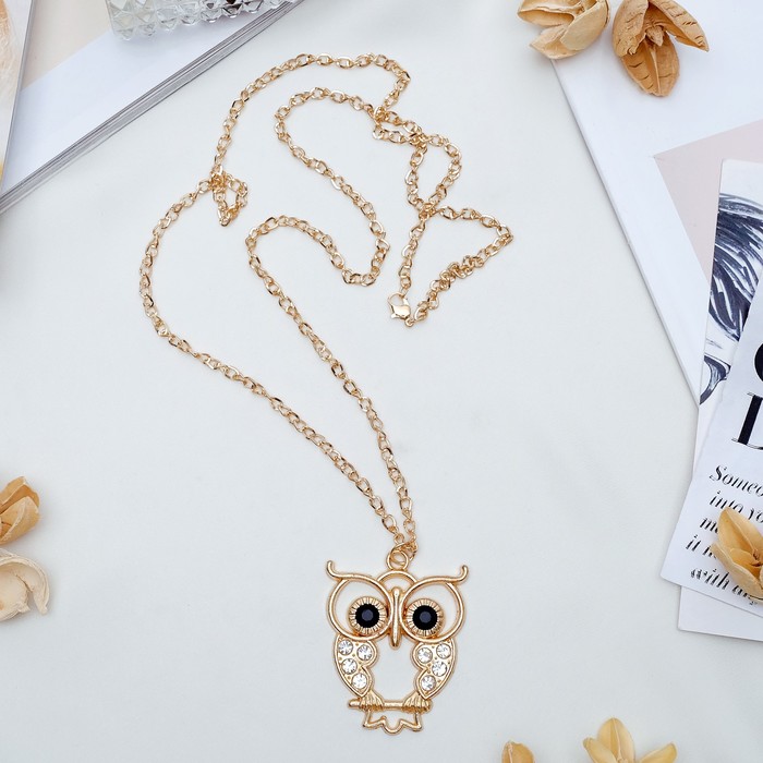 Кулон "Сова" на ветке, цвет белый в золоте, 80 см