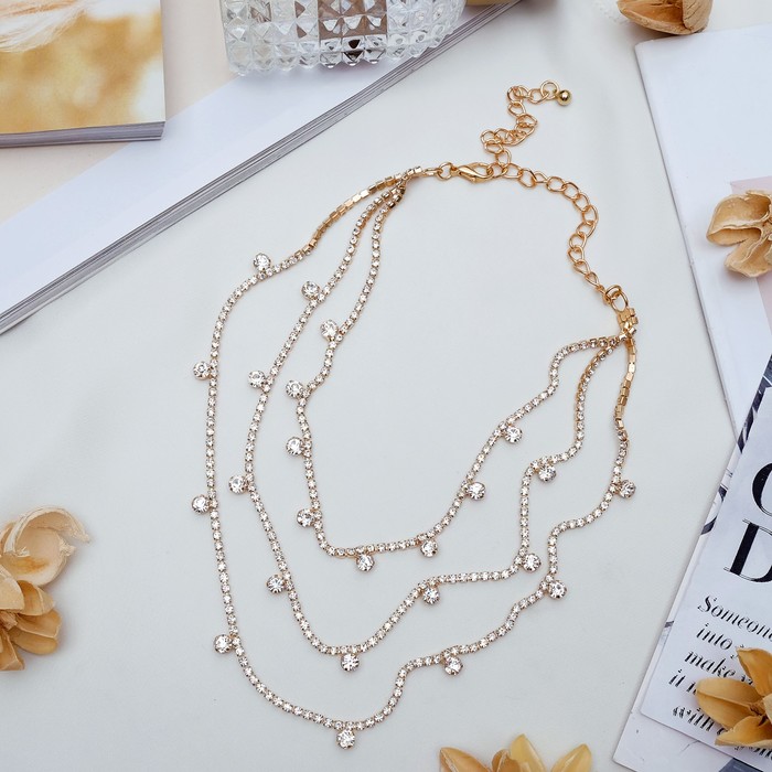 Колье со стразами "Симфония" капли, 3 яруса, цвет белый в золоте