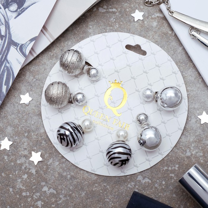 Серьги 3 пары "Диорис" с узором, цвет чёрно-белый в серебре