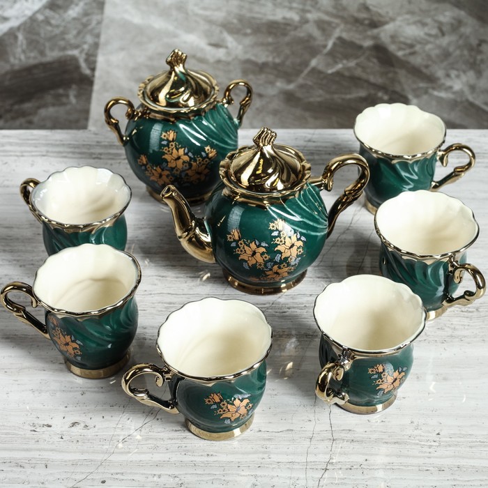 Чайный набор "Орфей"  8 предметов зеленый чайник 0,6 л, сахарница 0,6 л, чашки 0,27 л