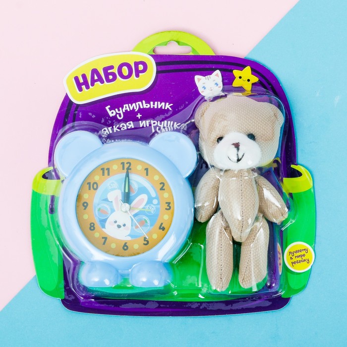 Набор будильник, мягкая игрушка "Заяц"