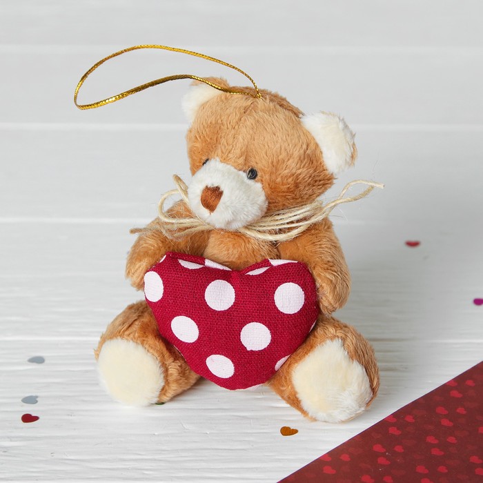 Мягкая игрушка-подвеска "Медведь с бантиком" сердце в горошек, цвета МИКС