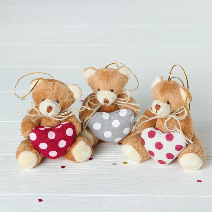 Мягкая игрушка-подвеска "Медведь с бантиком" сердце в горошек, цвета МИКС