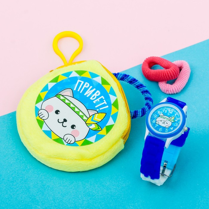 Набор: часы детские, кошелёк "Котик"