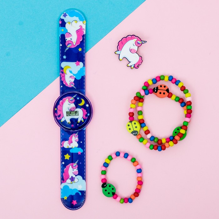 Набор часы наручные, значок, украшение "Единороги"