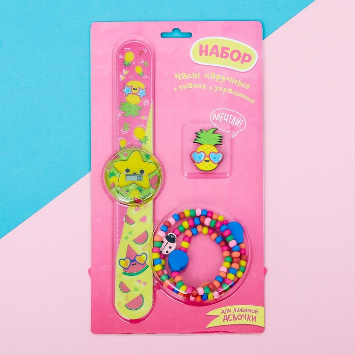 Набор часы наручные, значок, украшение "Фрукты"