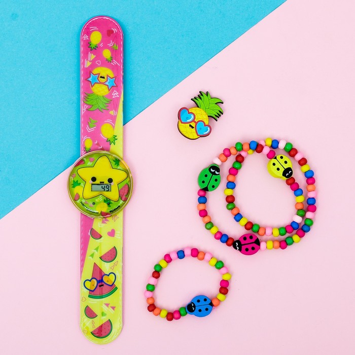 Набор часы наручные, значок, украшение "Фрукты"