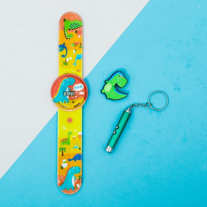 Набор часы наручные, значок, игрушка "Динозавры"