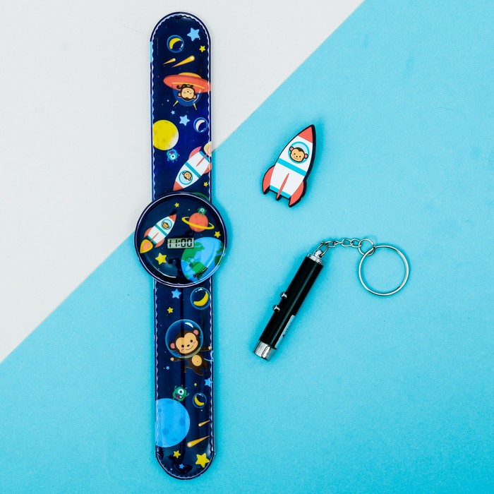 Набор часы наручные, значок, игрушка "Космос"