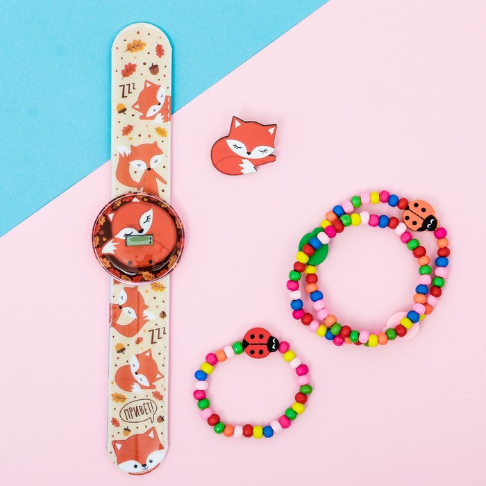 Набор часы наручные, значок, украшение "Лисичка"