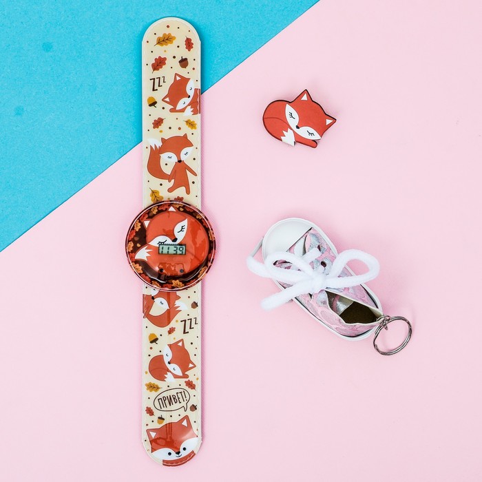 Набор часы наручные, значок, брелок "Лисичка"