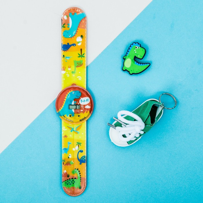 Набор часы наручные, значок, брелок "Динозавры"
