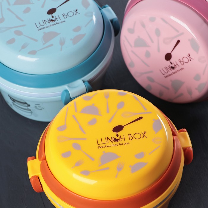 Ланч-бокс 2 уровня "Время перекусить" круглый с ложкой, цвета МИКС