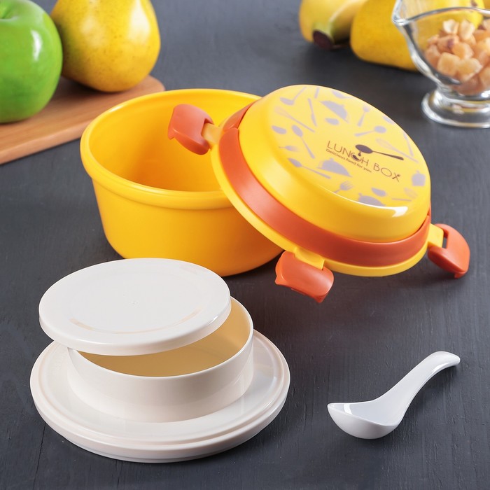 Ланч-бокс 2 уровня "Время перекусить" круглый с ложкой, цвета МИКС