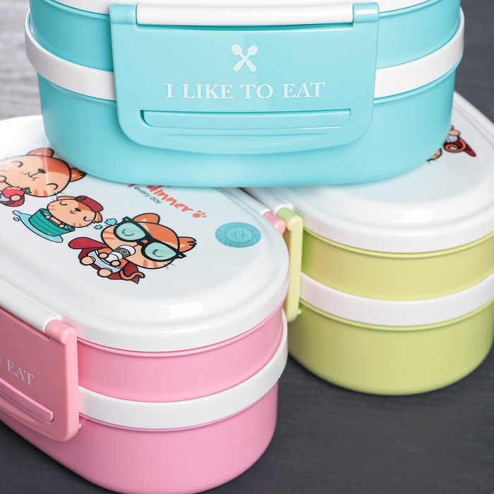 Ланч-бокс 2 уровня "Люблю покушать", овальный, с ложкой, цвета МИКС