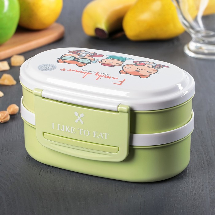 Ланч-бокс 2 уровня "Люблю покушать", овальный, с ложкой, цвета МИКС