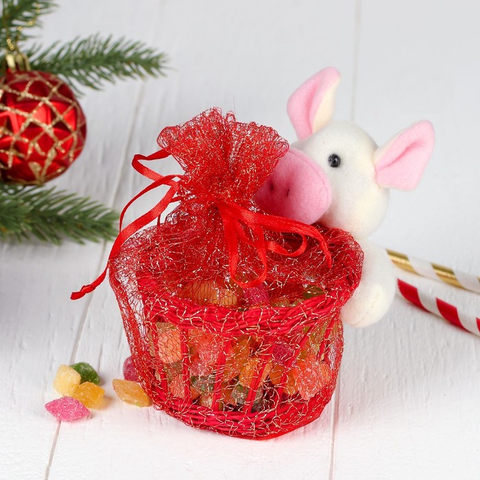 Конфетница "Хрюша" с корзинкой на завязках, цвета МИКС, вместимость 100 г