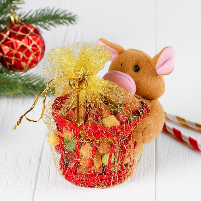 Конфетница "Хрюша" с корзинкой на завязках, цвет золотой, вместимость 100 г