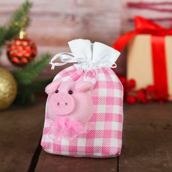 Мешок для подарков "Хрюша" в клеточку, цвета МИКС, вместимость 200 г